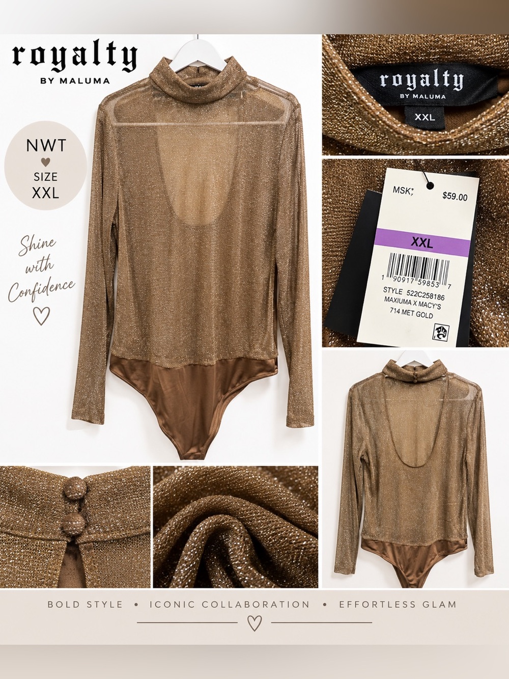 Metallic Gold Long-Sleeve Bodysuit - XXL
